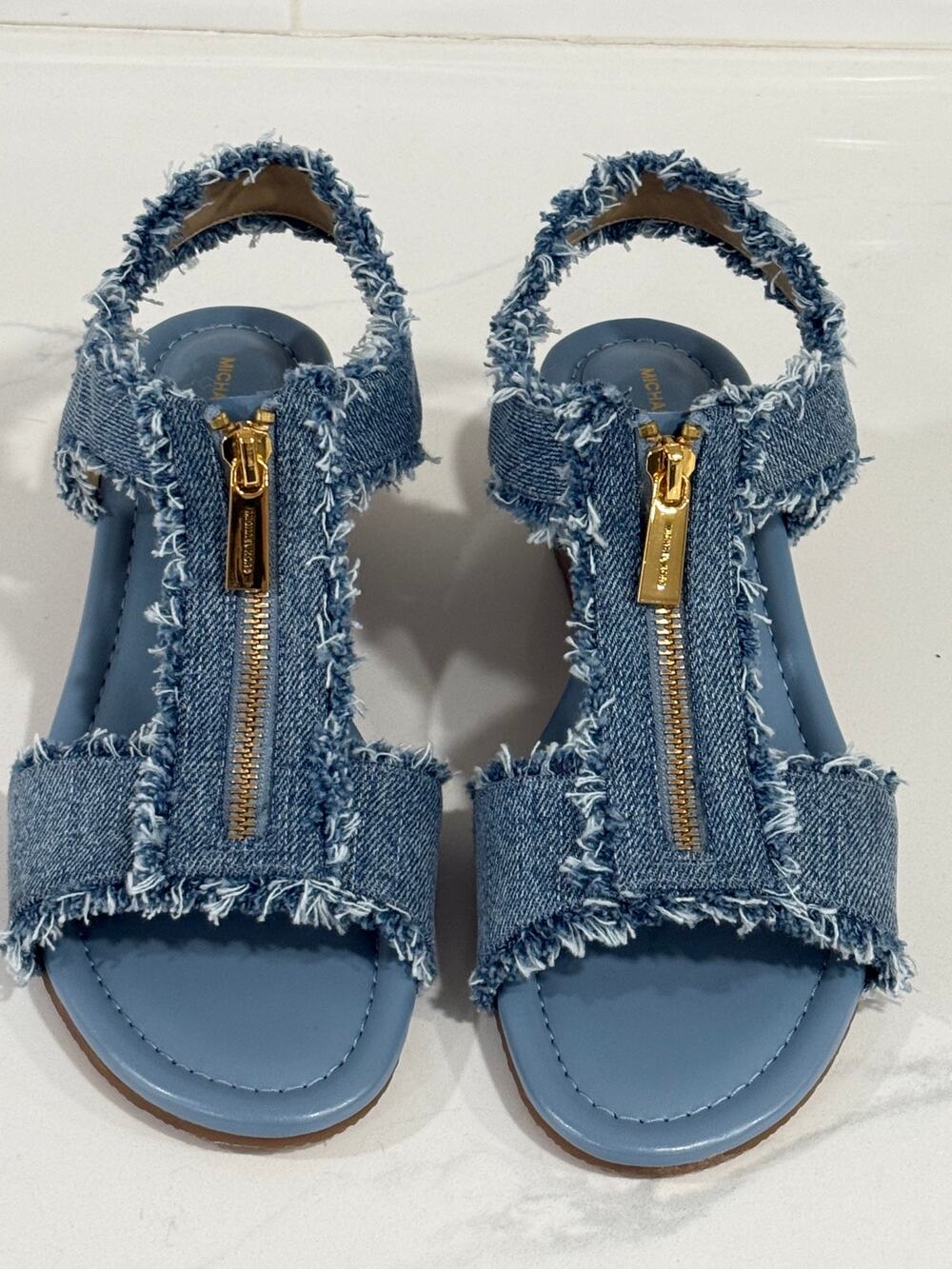 Michael Kors Denim Fringe Wedge Sandals Blue Espadrille Zip 8.5M Boho Summer New